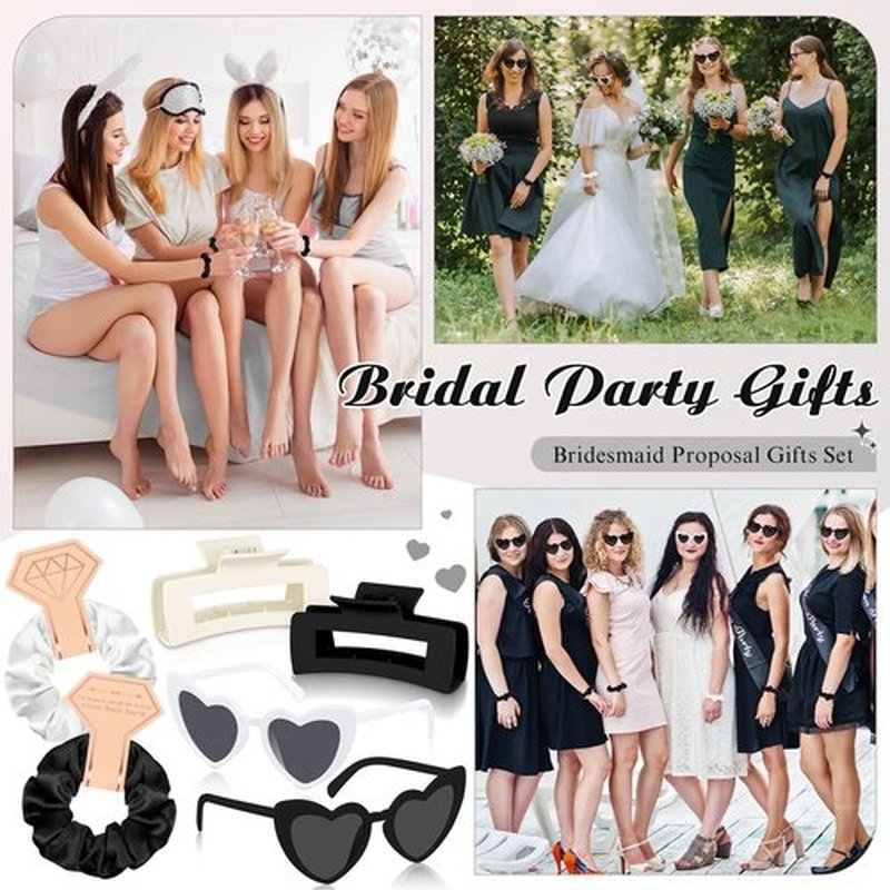 Hotop 24 Pcs Bridesmaid Proposal Gifts Set, 6 Mini Jewelry Box, 6 Satin Bridesmaid Scrunchies, 6 Bachelorette Sunglasses, 6 Square Hair Clips for Bridal Shower Wedding Party Favors (White, Black)