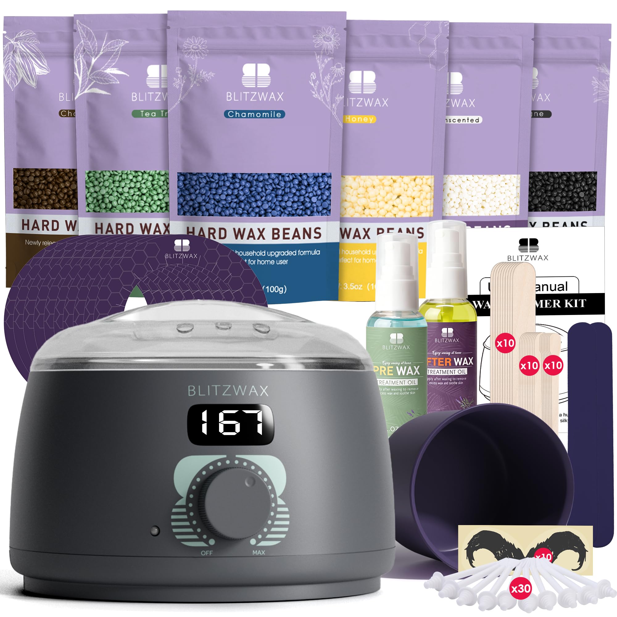 BLITZWAX Waxing Kit for Men, Back Nose Brazilian Hard Wax Warmer Home Use