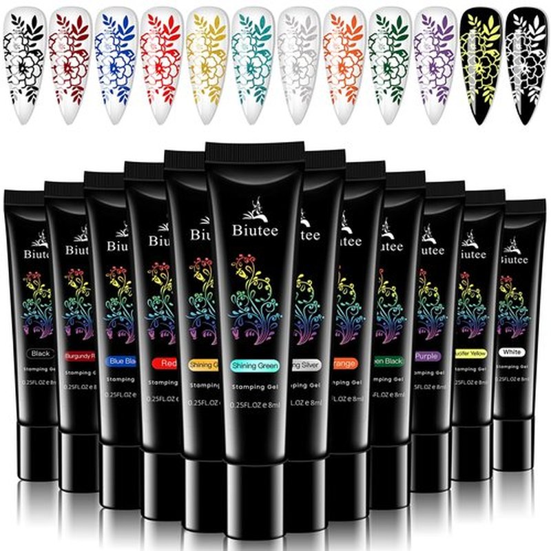 SEISSO Stamping Nail Polish Gels, 12 Colors Stamping Gels 0.25 Fl Oz Soak Off Printed Gel UV Stamp Nail Gel for Nail Stamp Plate Stamper DIY Nail Art Design