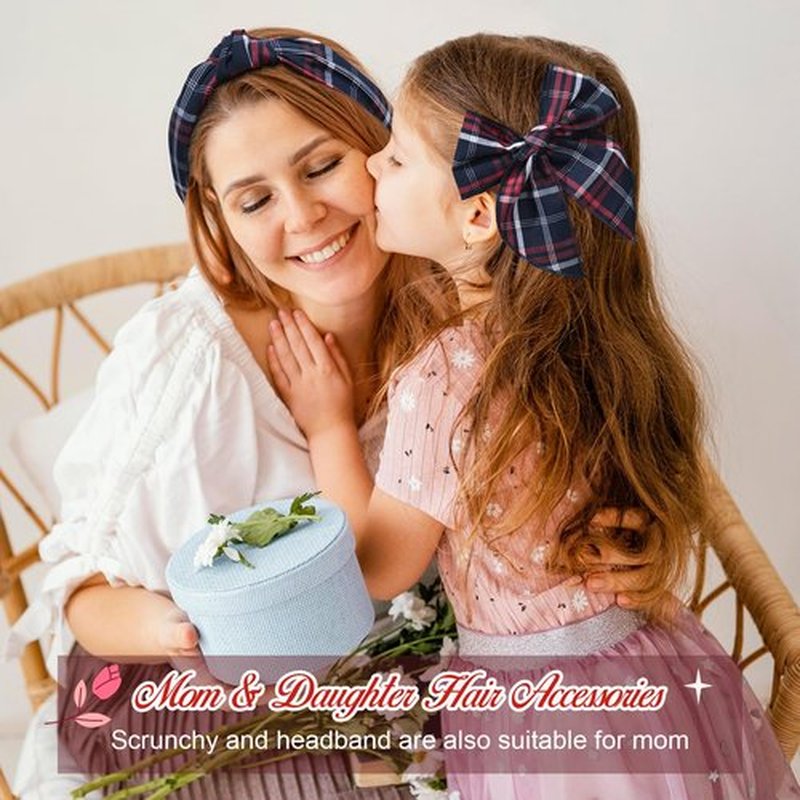 DEEKA School Uniform Plaid Hair Bows & Knotted Plaid Headband & Scrunchies Fable Hair Bow Set Alligator Clips for Toddler Girls Hair Accessories for Little School Girls (Dark Navy&Red)