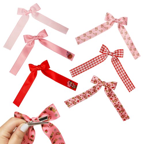 Strawberry Shortcake Printed Long Tail Hair Bow Set for Girls – 7-Pack Printed Bows with Alligator Clips – Cute Hair Accessories for Kids Ages 3+