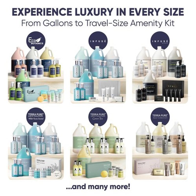 Terra Pure White Tea & Coconut Amenity & Accessory Kit |1oz Travel Size Shampoo, Conditioner, Lotion, Body Wash, 2 Cleansing Bars, Shave & Dental Sets, Make-Up Remover Wipes, & Vanity Kit | 15 Boxes
