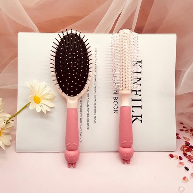 4 Pieces Hair Brush Hair Comb Set For Women Girls Gift Cute shaped Hair Comb Hair Brush Handheld Mirror Set Travel Detangling Comb Massage HairBrush with Air Cushion For Wet Dry Hair (Pink)