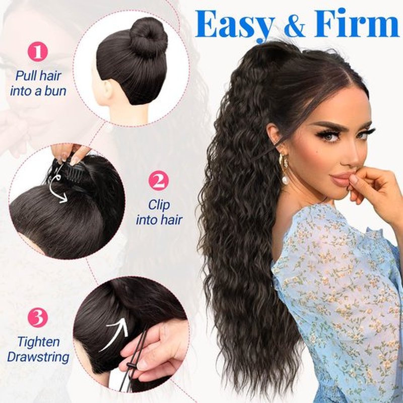 KooKaStyle Ponytail Extension 30 Inch Drawstring Pony Tails Hair Extensions for Women Long Curly Ponytail Synthetic Hairpieces for Daily Use（Black-1B）