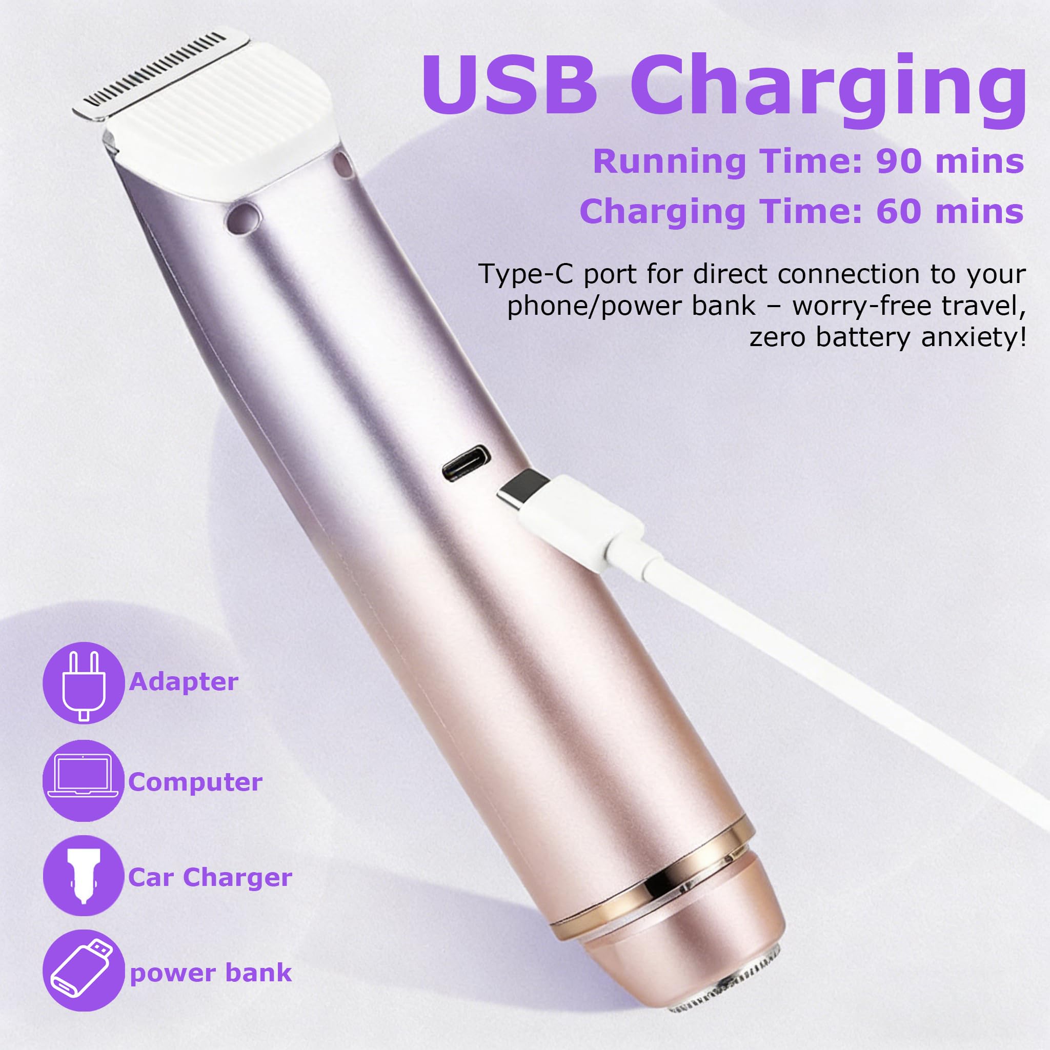 Bikini Trimmer for Women, 2 in 1 Dual Electric Razor for Women, Rechargeable Wet/Dry Shaver, Waterproof Painless Groomer for Shaving Face Underarm Leg Arm Body