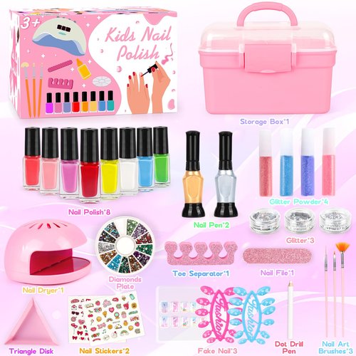 Kids Nail Polish Set for Girls, Nail Art Kit with Nail Dryer & Storage Case, Non-Toxic Peel-Off Quick Dry Nail Polish for Kids, Birthday Christmas Gift for Kids Ages 6-12