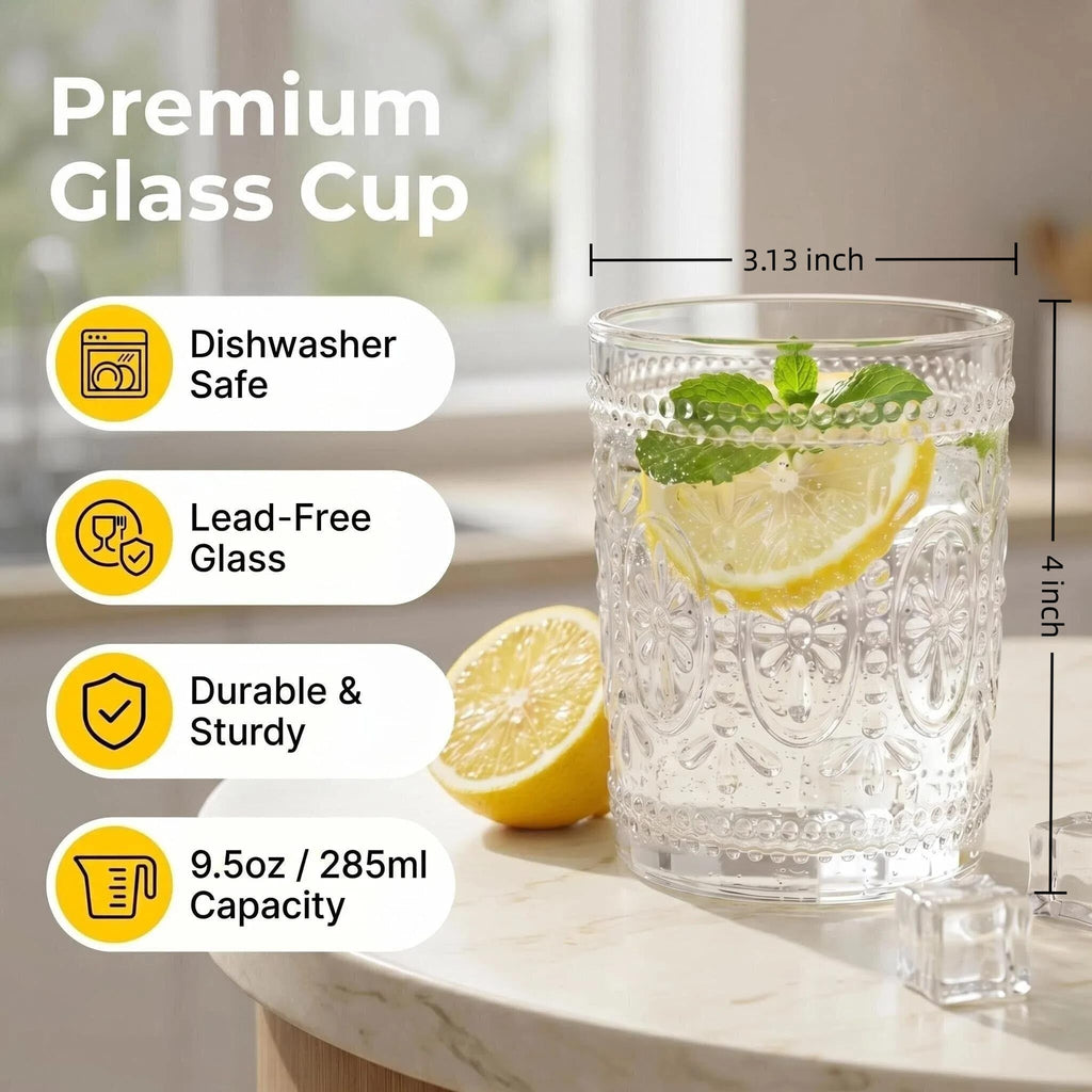 Bekith 6 Pack Drinking Glasses, 9.5 oz Romantic Water Glasses, Clear Embossed Glass Cups Vintage Glassware Set for Whisky, Juice, Beverages, Beer, Cocktail