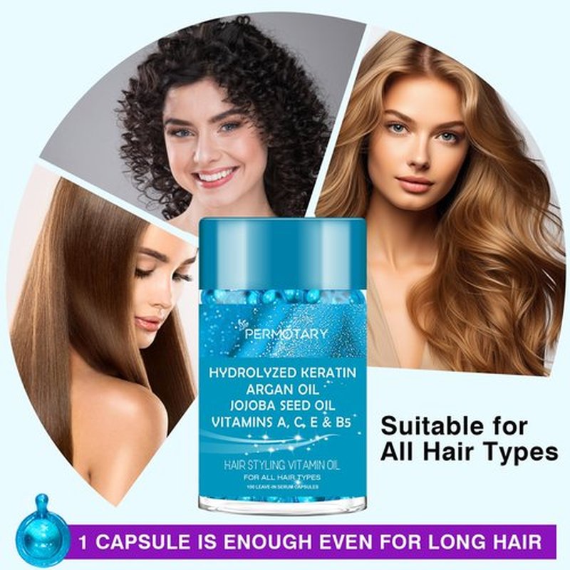 100 Capsules Styling Serum With Keratin, Treatment Oil for Frizzy Hair, Serum With Vitamins A, C, E & B5, Argan Avocado Oil for All Types, Leave-in Conditioner for Women & Men