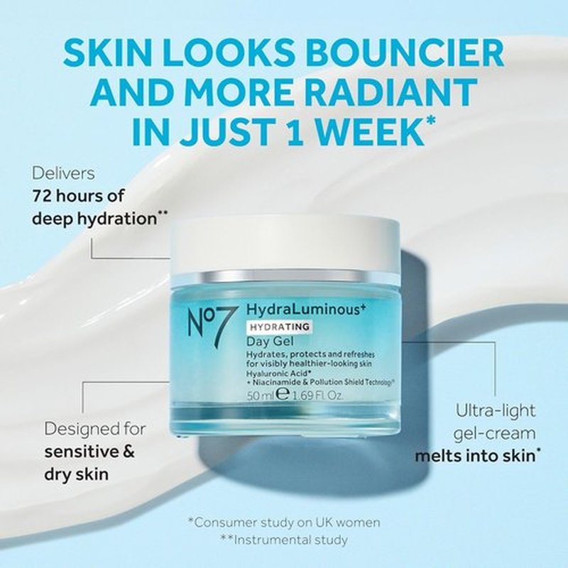 No7 HydraLuminous+ Hydrating Day Gel Moisturizer - Hyaluronic Acid & Vitamin B3 for Skin Hydration - 1.69 Fl Oz