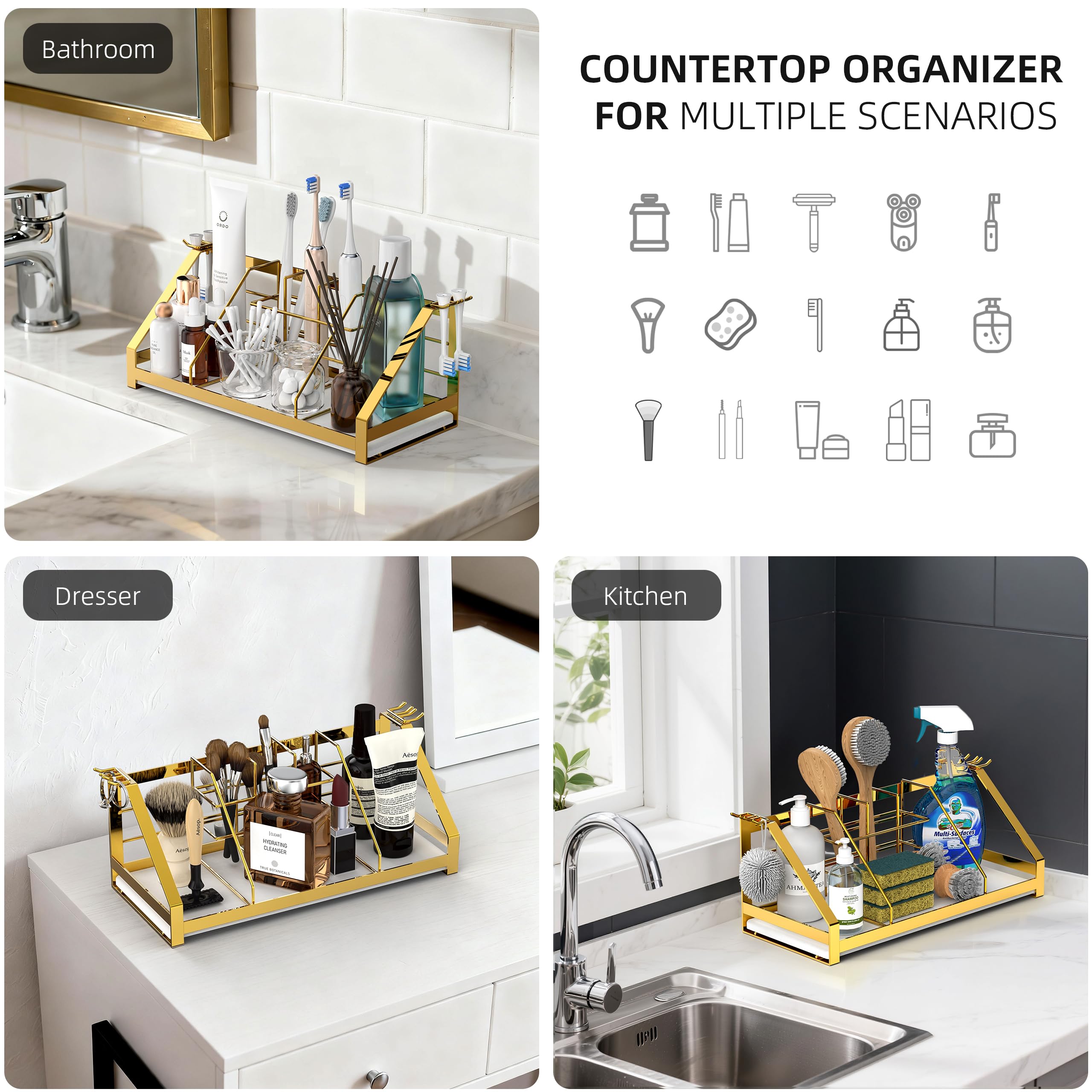 Toothbrush Holders Bathroom Counter Organizer and Storage with Removable Electric Toothbrush Head Holder and Divider, Bathroom Organizer with Diatomite Drying Stone Mat for Vanity, Kitchen, Dresser