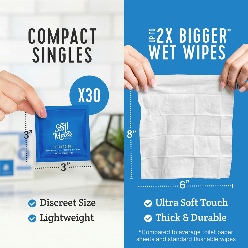 Stall Mates Witch Hazel: Flushable Wipes, Individually Wrapped, Travel Friendly, Soothing Witch Hazel, Unscented with Cucumber, Aloe and Chamomile, (30 on-the-go singles)