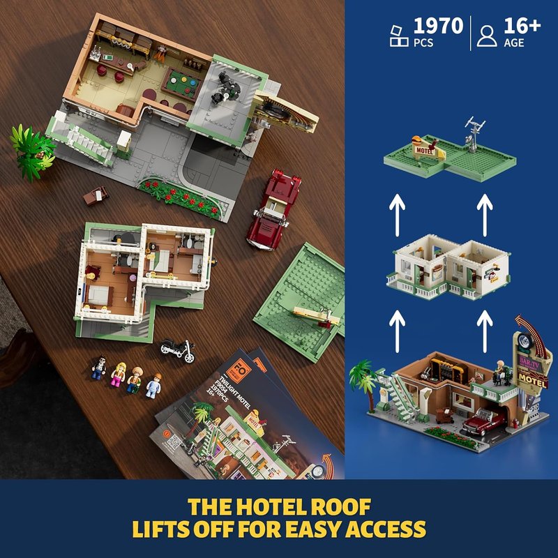 FUNWHOLE City Car Hotel Lighting Building Bricks Set - 1970 Pcs Modular Twilight Motel with LED Lights for Adults & Teens