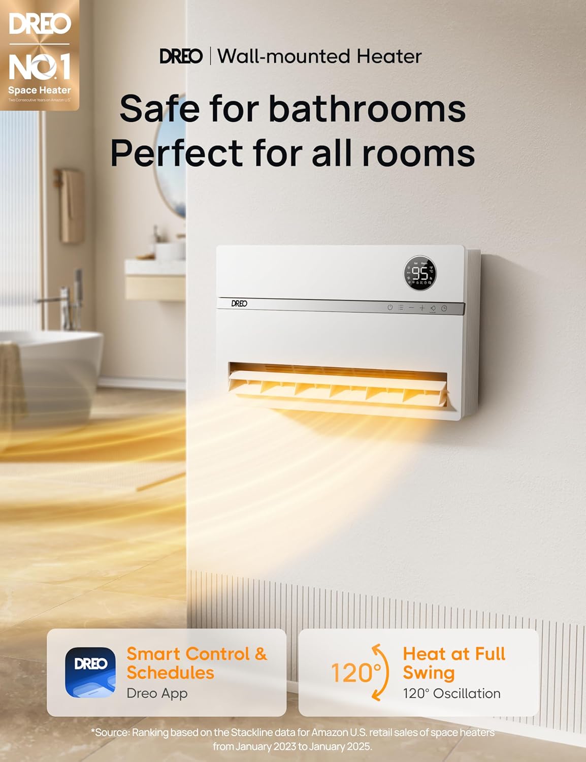 DREO Smart Wall Heater - 1500W Electric Space Heater with 120° Oscillation & Adjustable Thermostat | Ideal for Bathroom, Bedroom, Office