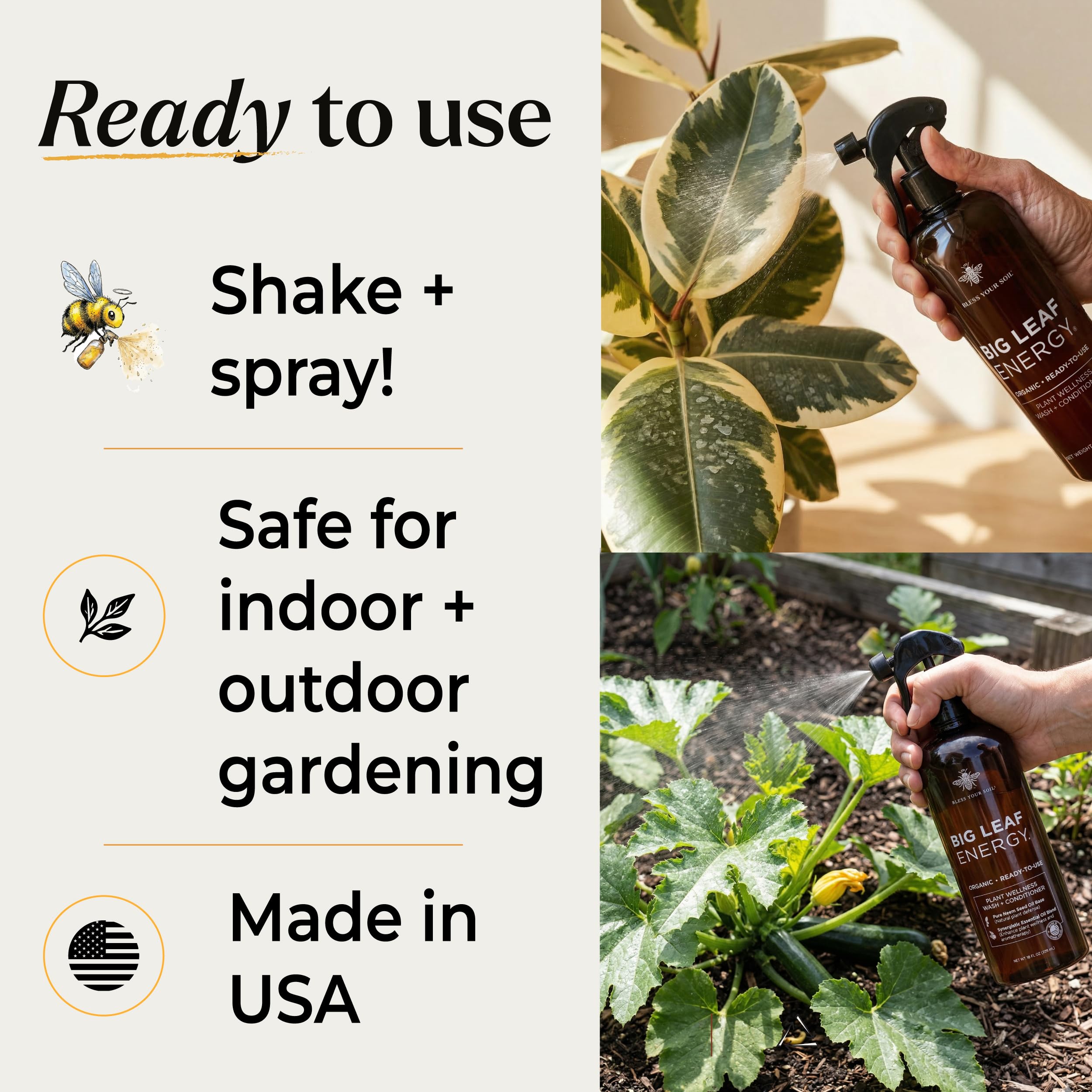 Neem Oil Spray for Plants – Big Leaf Energy + Essential Oils – Ready to Use Organic Plant Wash to Protect Outdoor & Indoor Plants, Made in USA (16 fl oz)
