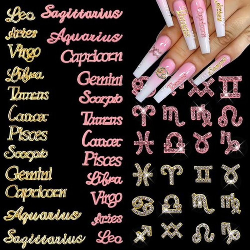 JERCLITY 48 Pieces Pink Gold Alloy Zodiac Nail Charms Zodiac Signs Nail Studs Constellation Words Charms for Nails Twelve Constellation Nail Charms Set for Women Girls Nail Art, JSP420
