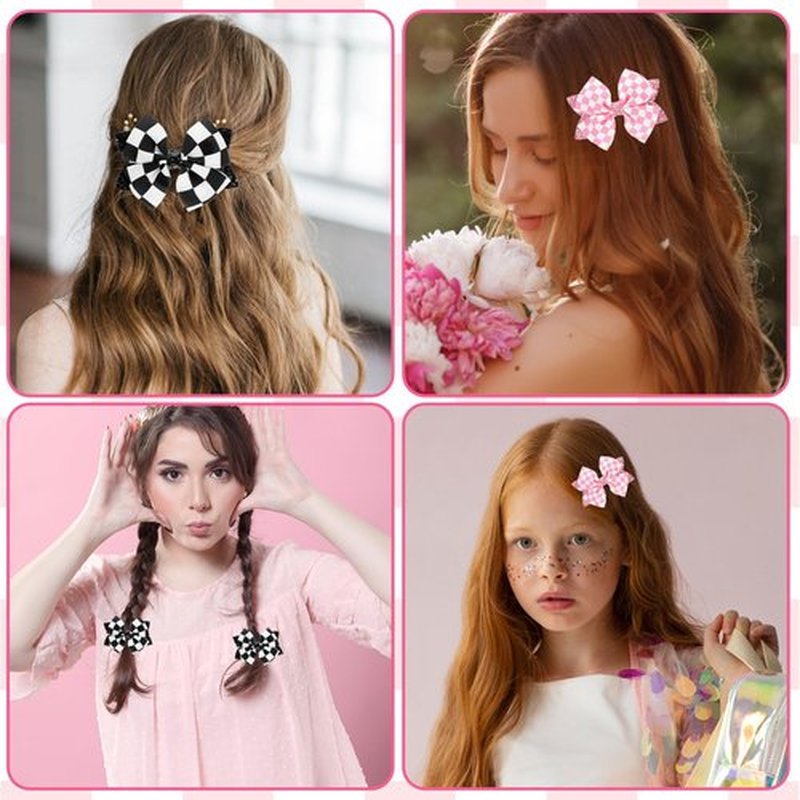 4 Pcs Glitter Pink Checkered Flag Bow for Girls Women, 4 Inch Baby Bows Clips Checker Racing Checkered Flag Hair Bow Clip, Alligator Clips Barrettes Race Fan Car-Themed Birthday Party Gift Accessories