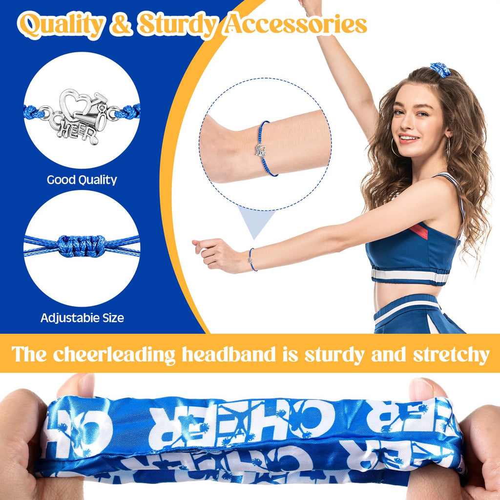 Equsion 12 Set Cheerleader Gifts Bulk Include Cheer Necklace, Cheerleading Adjustable Bracelet, Hair Ties and Organza Bag 12 each, Cheer Accessories for Team Women Teammates(Blue)