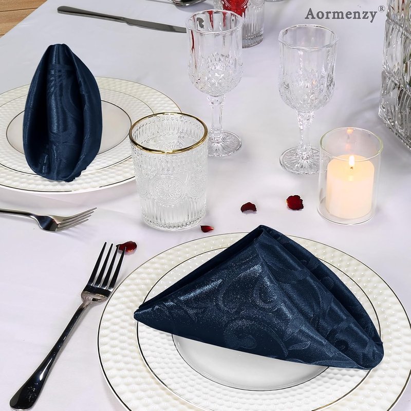 Aormenzy Navy Blue Satin Napkins - 17 x 17 Inches, Elegant Floral Pattern, 50 Pack Set