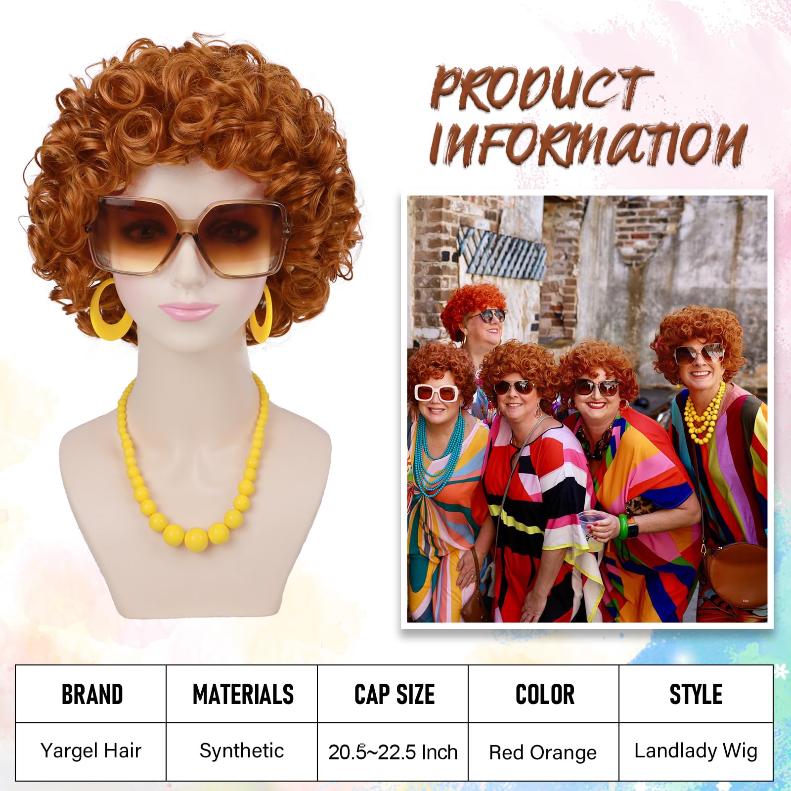 Yargel Hair Orange Wig for Women Landlady Costume Red Orange Curly Synthetic Wig With Yellow Jewelry Necklace+Earrings+Glasses Ginger Wigs For Cospaly Halloween Party Use