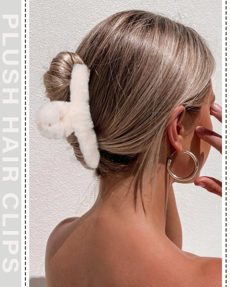AWAYTR Plush Clip - Hair Clip, 6 Pcs Rectangular Cute Hair Clips for Women, Large Hair Barrettes for Thick Hair, Non Slip Hair Jaw Clips for Girls, Camel/Coffee/Beige/Khaki/White/Black