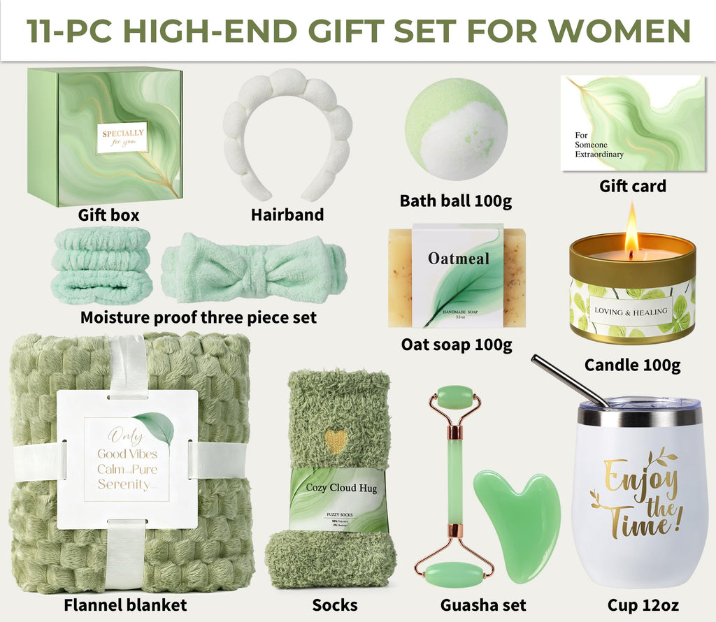 Self Care Kit - Spa Gifts Self Care Relaxation Gifts for Women Self Care Basket Set Stress Relief Get Well Soon Gift Baskets for Women Cozy Relaxing Gifts for Woman Mom Best Friends Sister Wife, Green