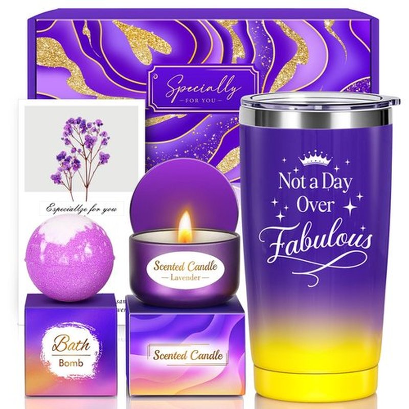 Mothers Day Birthday Gifts Set for Women Her Mom Wife Girlfriend Friend - Purple Self Care Spa Relaxation Gift Basket Set with Novelty Stainless Steel Coffee Tumbler, Lavender Candle, Bath Bomb