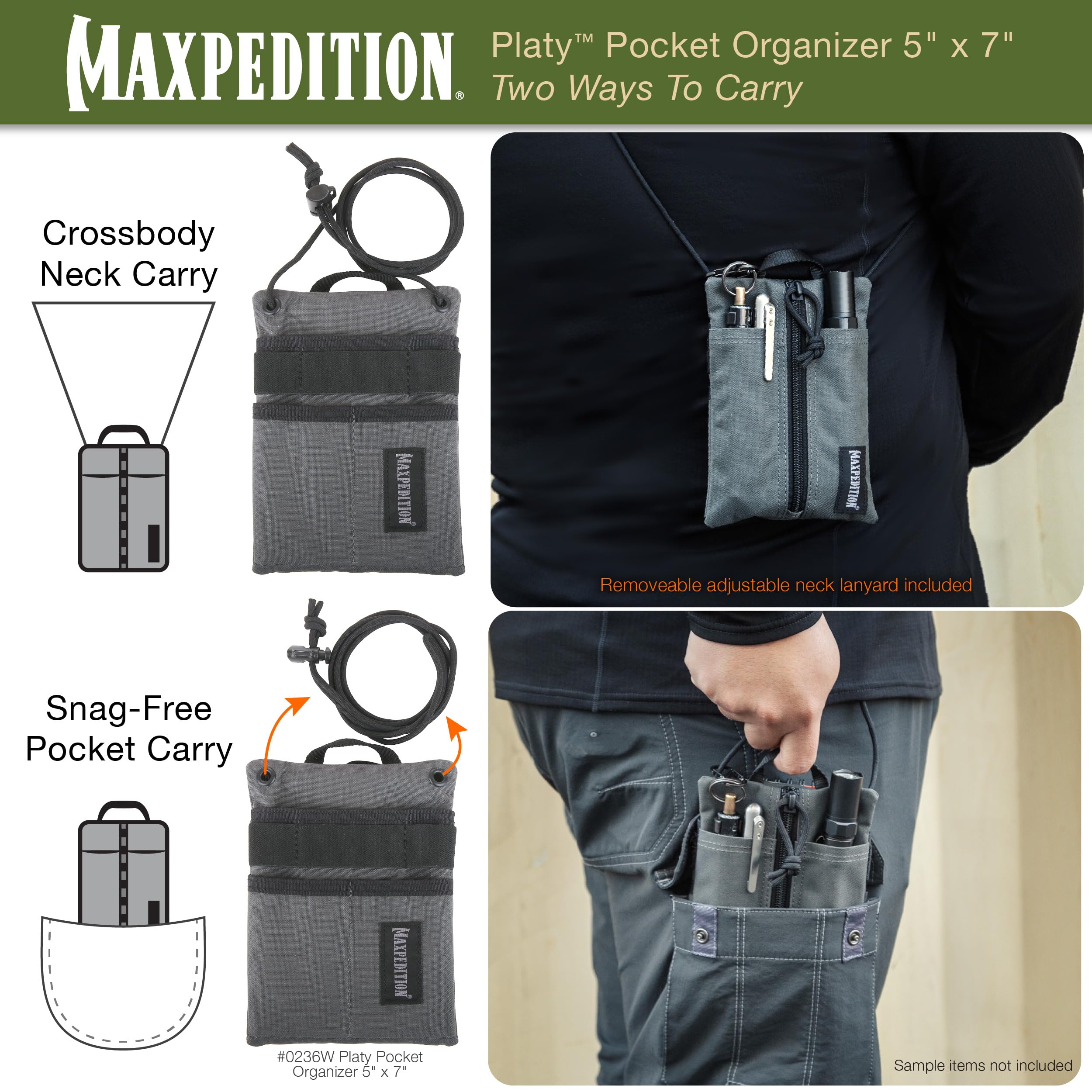 MAXPEDITION Platy Pocket Organizer, Durable EDC Tool Pouch for Men, Neck Wallet with Paracord Lanyard, Holds Flashlight, Multitool, Pen, Notebook (Wolf Gray, 5" x 7")