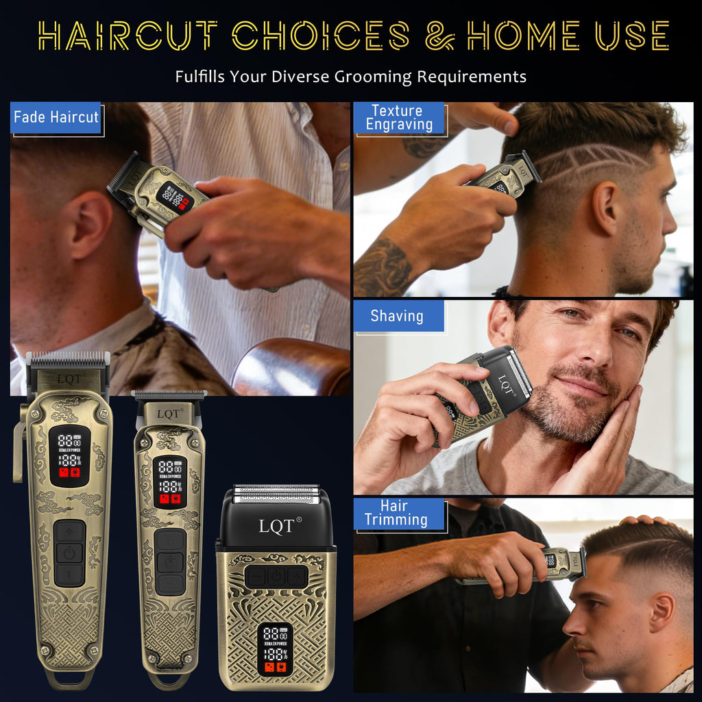 LQT Professional Hair Clippers&Trimmers Set for Men - Waterproof Cordless Electric Hair Clipper, 3-Speed Beard Trimmer&Foil Shaver with LED Battery Display - Gift for Men, Barber&Home Use (Bronze)
