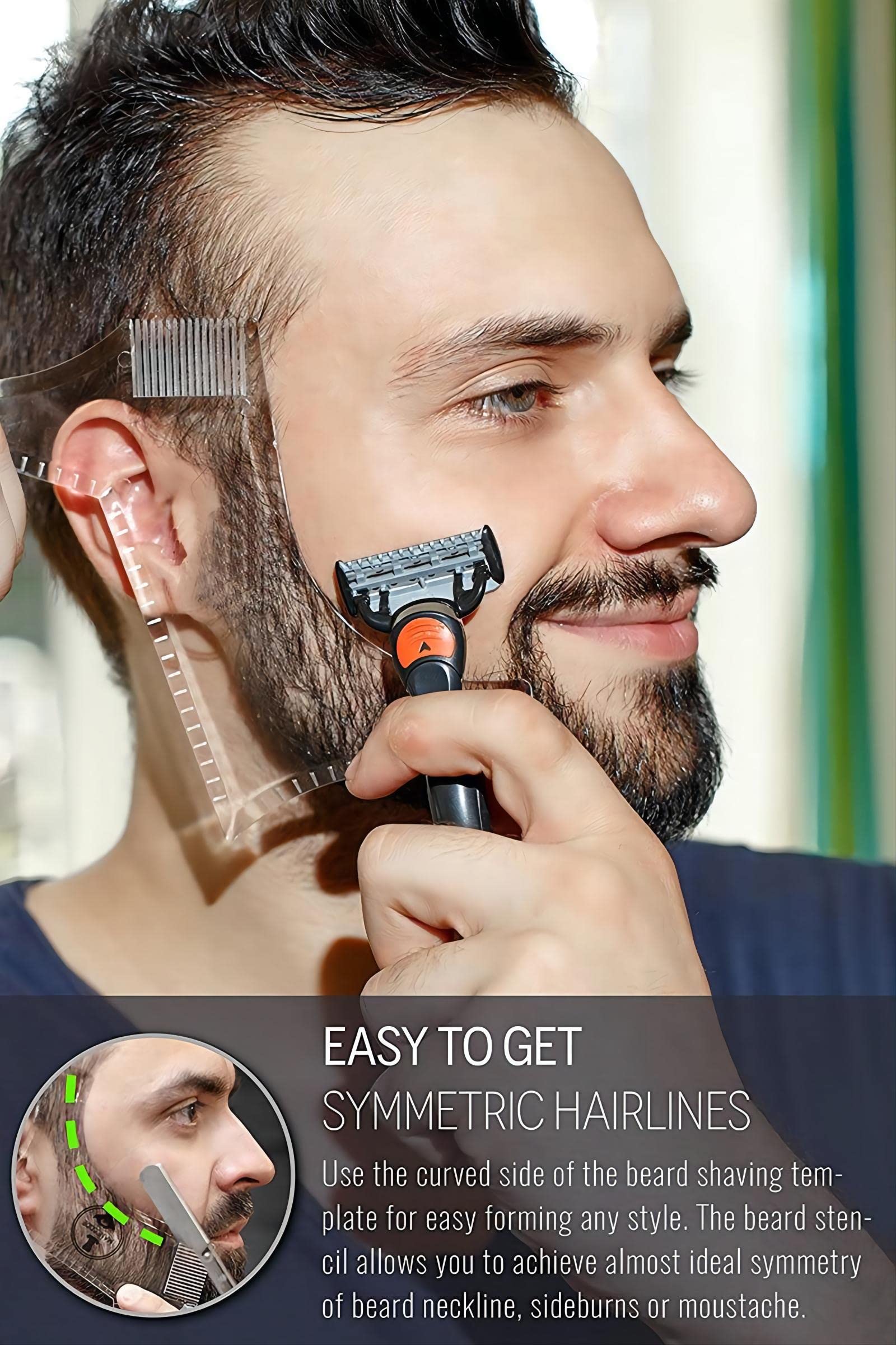 4PCS Men's Beard Shaping Tool Template, Beard Guide Shaper with Inbuilt Comb, Multi-liner Edges Shave for Curve/Straight/Neckline/Goatee/Sideburns (Clear-4pcs)