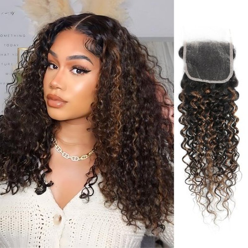 Anmetan Water Wave Ombre Human Hair 4x4 Closure 18 In, 12A F1B30 Black and Brown Honey Blonde Highlight Color Wet and Wavy Free Part Hairline 4x4 Lace Closure 100% Remy Pre Plucked with Baby Hair