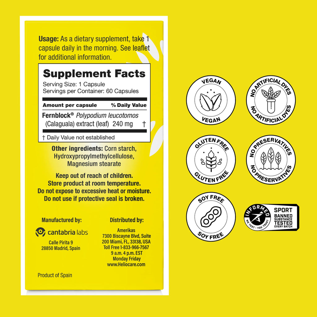 Heliocare Skin Care Dietary Supplement: 240mg Polypodium Leucotomos Extract Pills - Antioxidant Rich Formula with Fernblock and PLE Technology - 60 Veggie Capsules