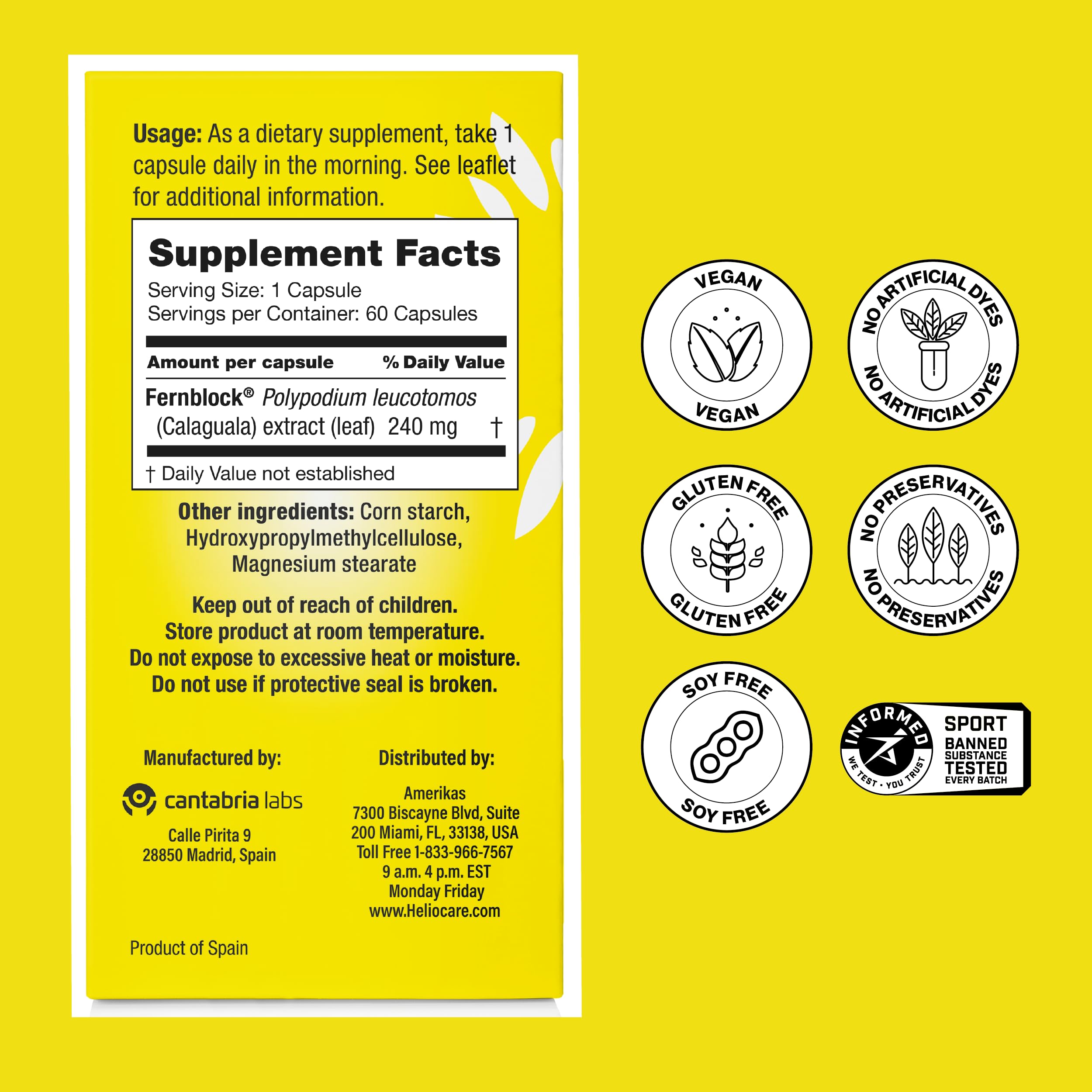 Heliocare Skin Care Dietary Supplement: 240mg Polypodium Leucotomos Extract Pills - Antioxidant Rich Formula with Fernblock and PLE Technology - 60 Veggie Capsules