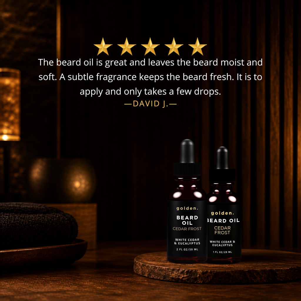 Golden Grooming Beard Oil for Men - Natural Beard Conditioner with Sweet Almond, Golden Jojoba & Argan Oil - Hydrating Beard Softener with Vitamin E - Cedar Frost, 1oz