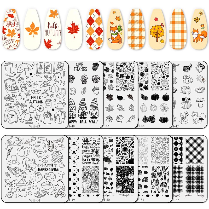 Whaline 10 Sheet Thanksgiving Nail Art Stamping Plates Kit Happy Fall Pumpkins Maple Leaf Gnome Plaid Autumn Blessings Collection Nail Art Plate for Autumn Thanksgiving Design DIY Print