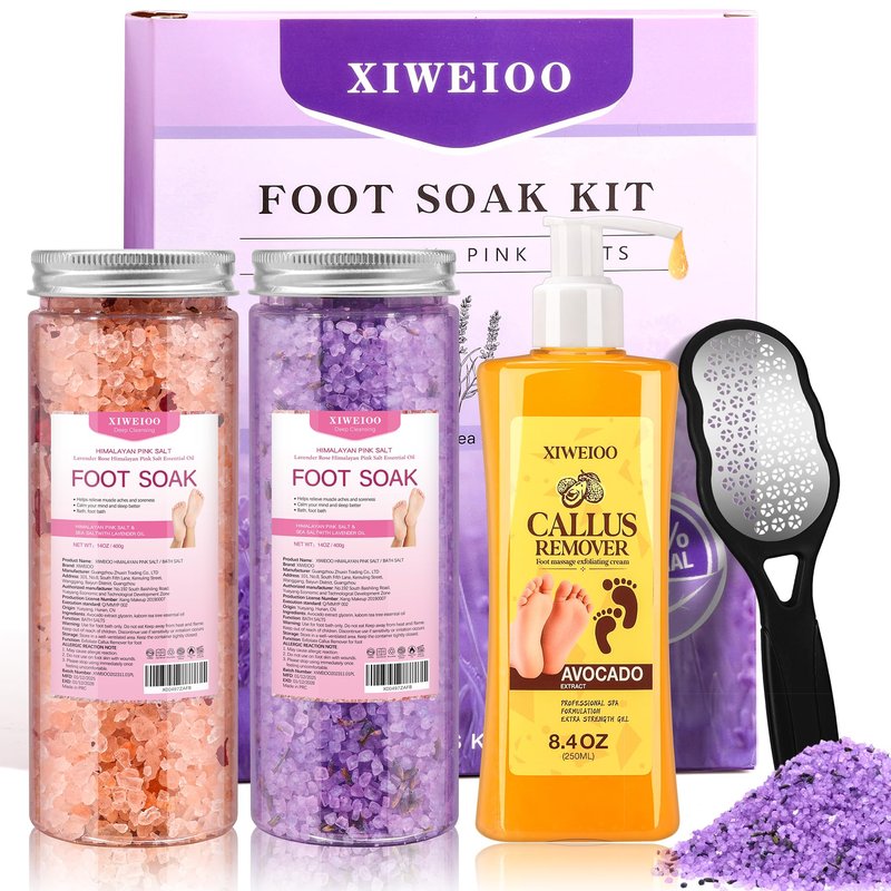 XIWEIOO Himalayan Pink FOOT SOAK SALT Kit Tea Tree Oil - Moisturize, Foot Odor cream spa bath massager Epsom Salt foot pedicure at home spa Callus Remover Gel Kit Foot file tools