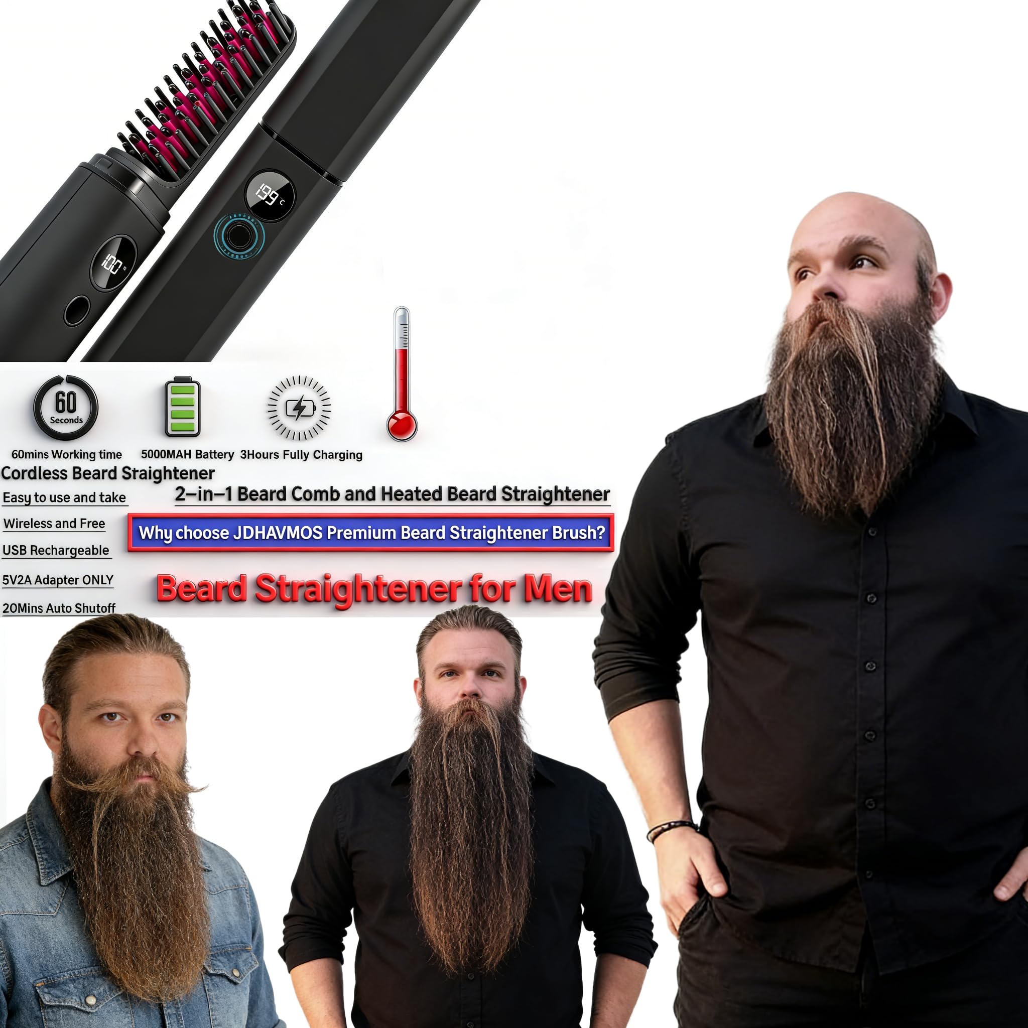 Beard Straightener for Men, Heated Beard Brush, Cordless Beard Hot Comb for Medium to Long Beards, with Travel Case, Rechargeable, 3 Temp Settings, Ionic Technology, Grooming Gift for Men(Black)