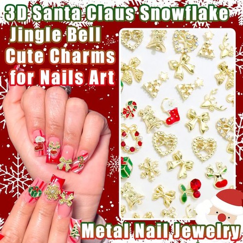 RODAKY 62PCS Christmas Nail Charms 3D Snowflake Santa Claus Charm and Gems Rhinestone Jingle Bell Elk Gold Nails Art Jewelry for Manicure Design Decoration Accessories