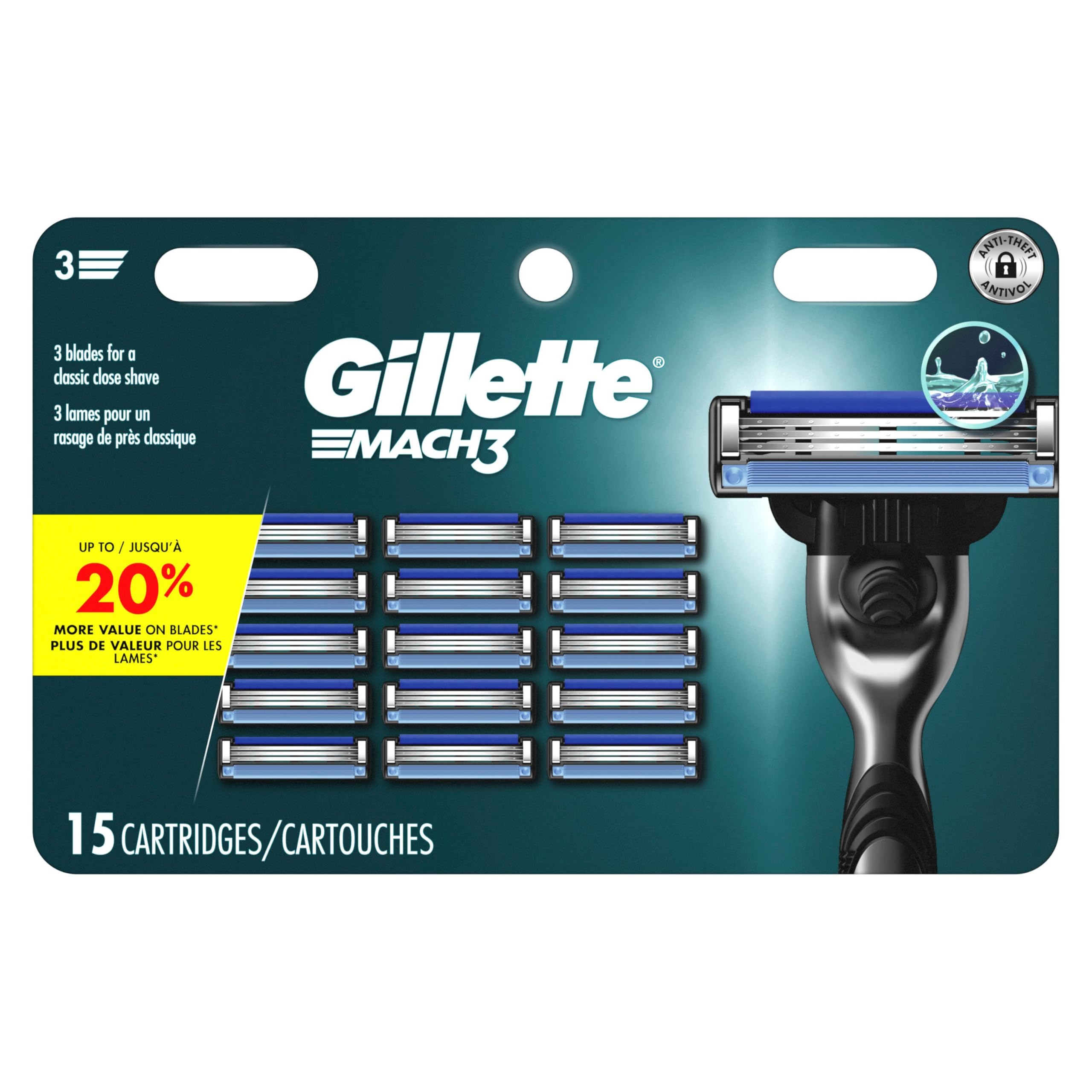 Gillette Mach3 Men's Razor Blades, 15 Blade Refills