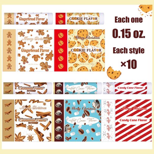 Siifert 50pcs Christmas Peppermint Candy Flavor Lip Balms Gift Bulk Candy Gingerbread Hot Cocoa Cookie Cinnamon Flavor Lip Balm Christmas Party Gift Stocking Stuffer for Coworker Staff Employee (Cute)