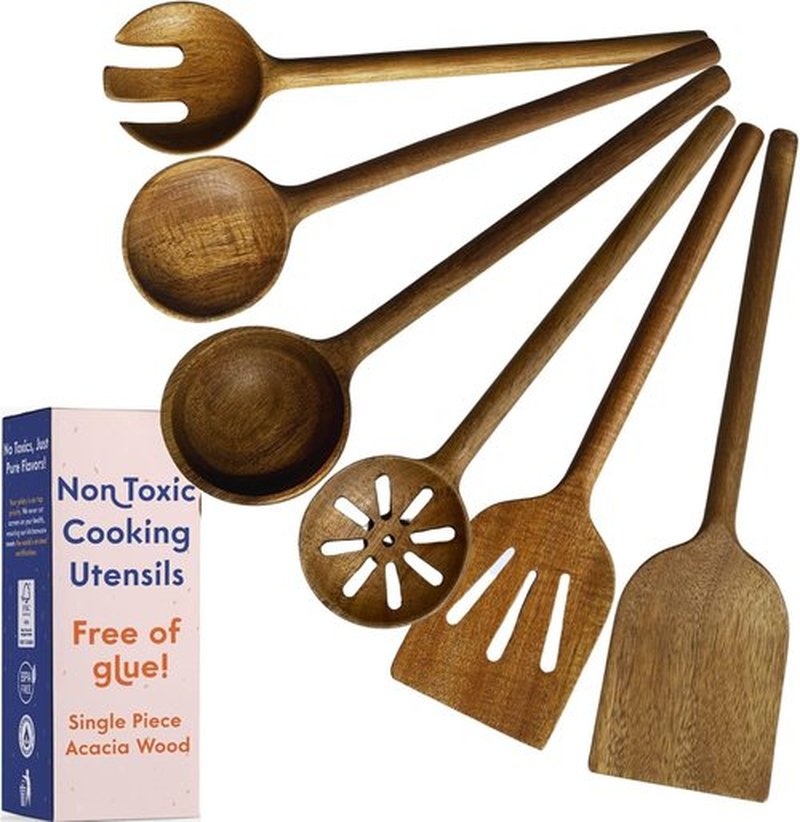 Non-Toxic Cooking Utensils | 6-Piece Wooden Spoon Set - Glue-Free, Plant-Based Finish, Safe for Your Kitchen