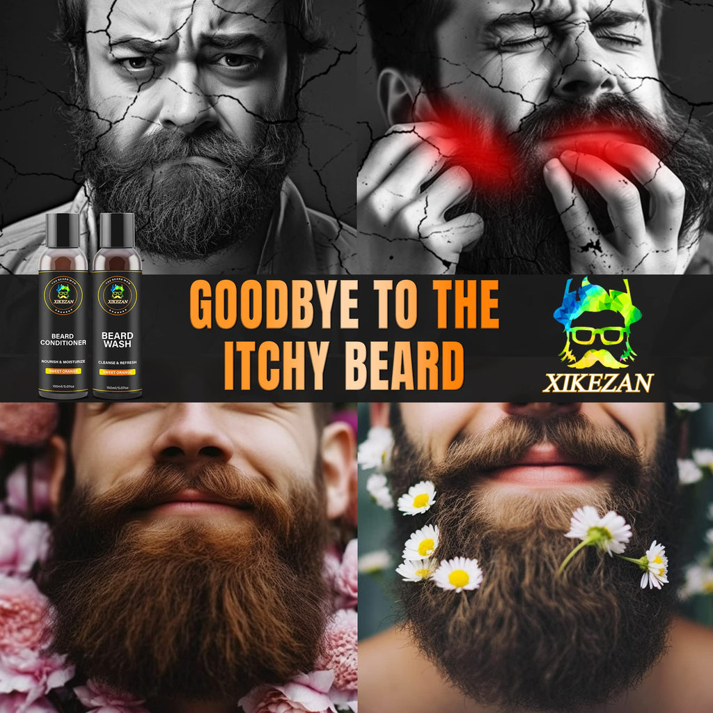XIKEZAN Beard Wash & Beard Conditioner Natural Softener Set w/Argan & Jojoba Oils Smooths & Strengthens Christmas Stocking Stuffers Father Day Gifts for Men Him Dad Boyfriend Husband