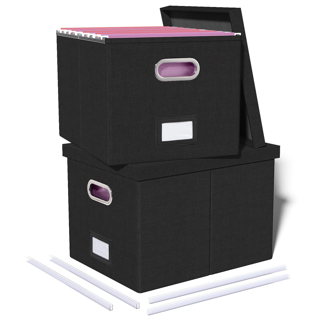 Oterri 2 Pack File Storage Organizer, Filing Box, Portable File Box with Lid, Fit for Letter/Legal File Folder Storage, Document Organizer, Black