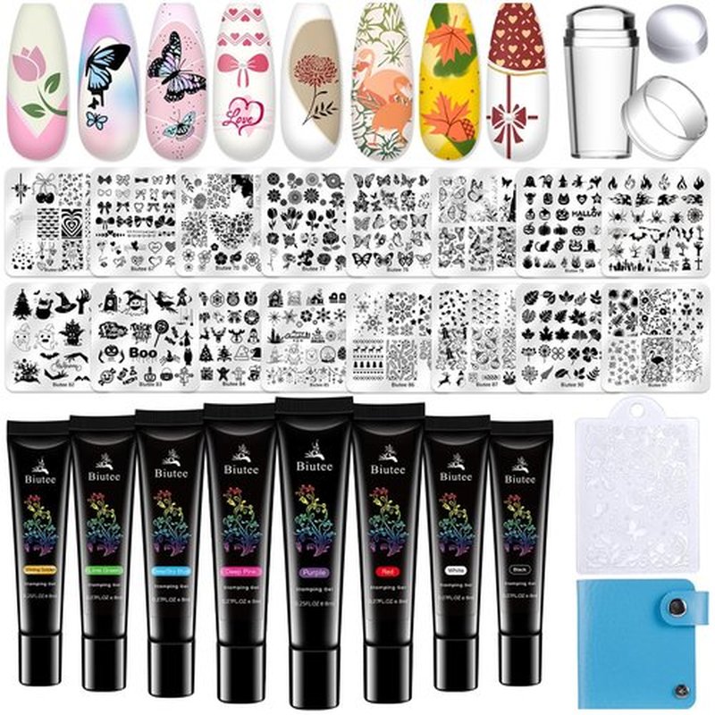 Biutee Nail Stamper Kit 16Pcs Nail Art Stamping Plate 8 Colors Stamp Polish Gel Silicone Stamper Scraper with Storage Bag, Nail Stamp Plates Love Flower Butterfly Leaf Template Valentine Design Gift