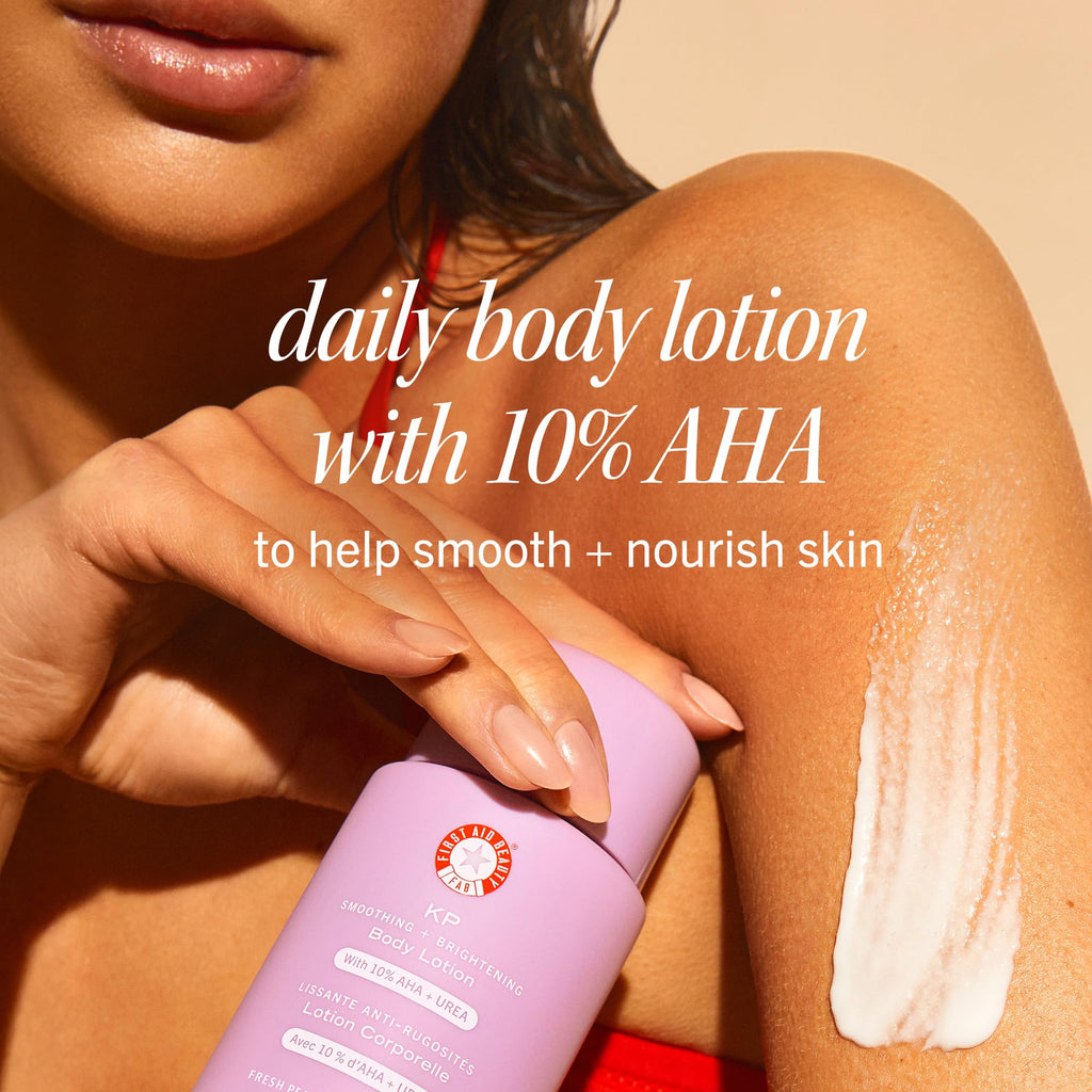 First Aid Beauty KP Smoothing + Brightening Body Lotion, 10% AHA with Lactic Acid, Urea & Colloidal Oatmeal, Exfoliate & Moisturize Keratosis Pilaris Bumps, Peach Scent, 6.7 fl oz