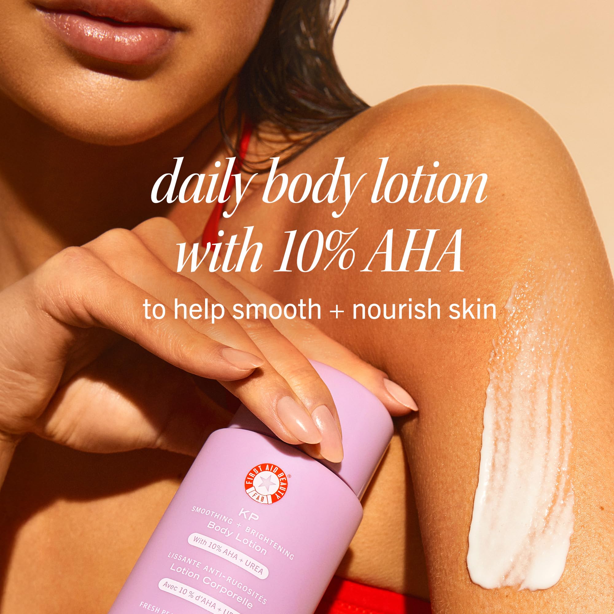 First Aid Beauty KP Smoothing + Brightening Body Lotion, 10% AHA with Lactic Acid, Urea & Colloidal Oatmeal, Exfoliate & Moisturize Keratosis Pilaris Bumps, Peach Scent, 6.7 fl oz