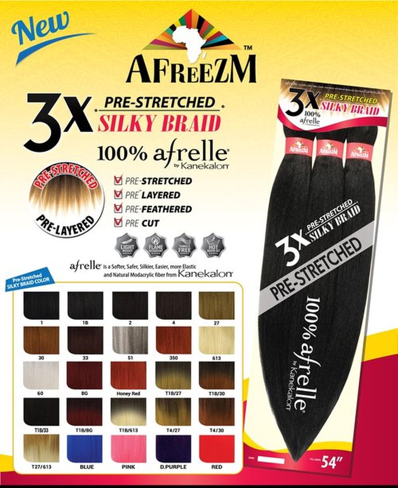 Afreezm Pre-Stretched Silky Braiding Hair 3X with Bandana - 2 Packs - 54 inches (#1B)