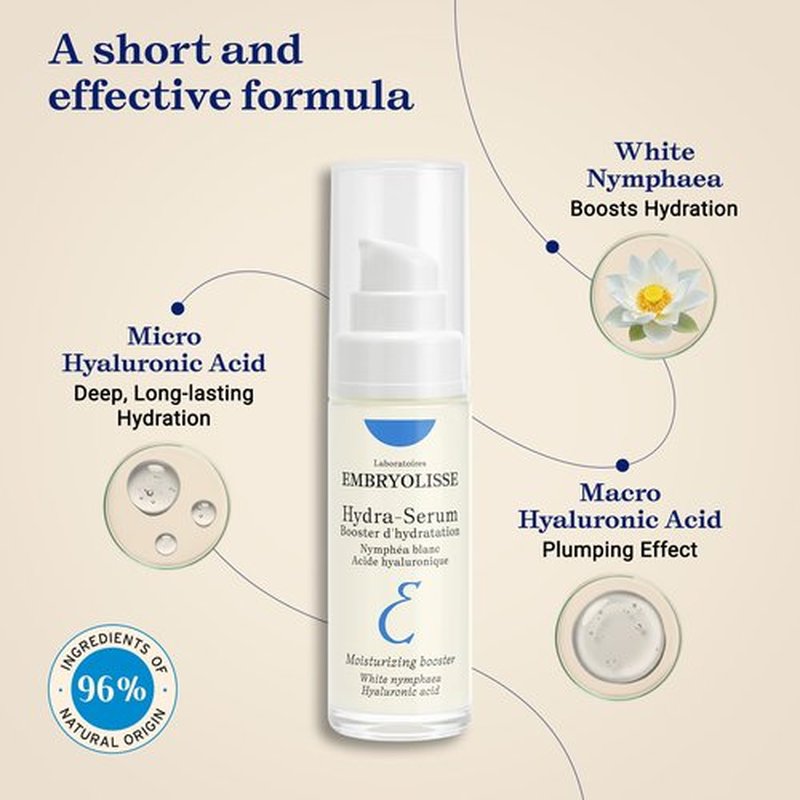 Embryolisse Hydra-Serum, Ultra-Hydrating Lightweight Hyaluronic Acid Facial Serum with White Water Lily, For Oily to Combination Skin, 1.01 Fl Oz