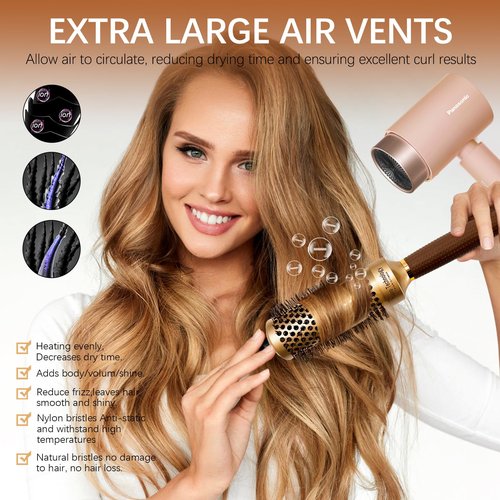 Round Brush Set for Blow Drying- 5 in 1 Round Brush & Paddle Brush Kit with Section Clips - Nano Ceramic Ionic Barrel - Styling, Curling, Smoothing for All Hair Types