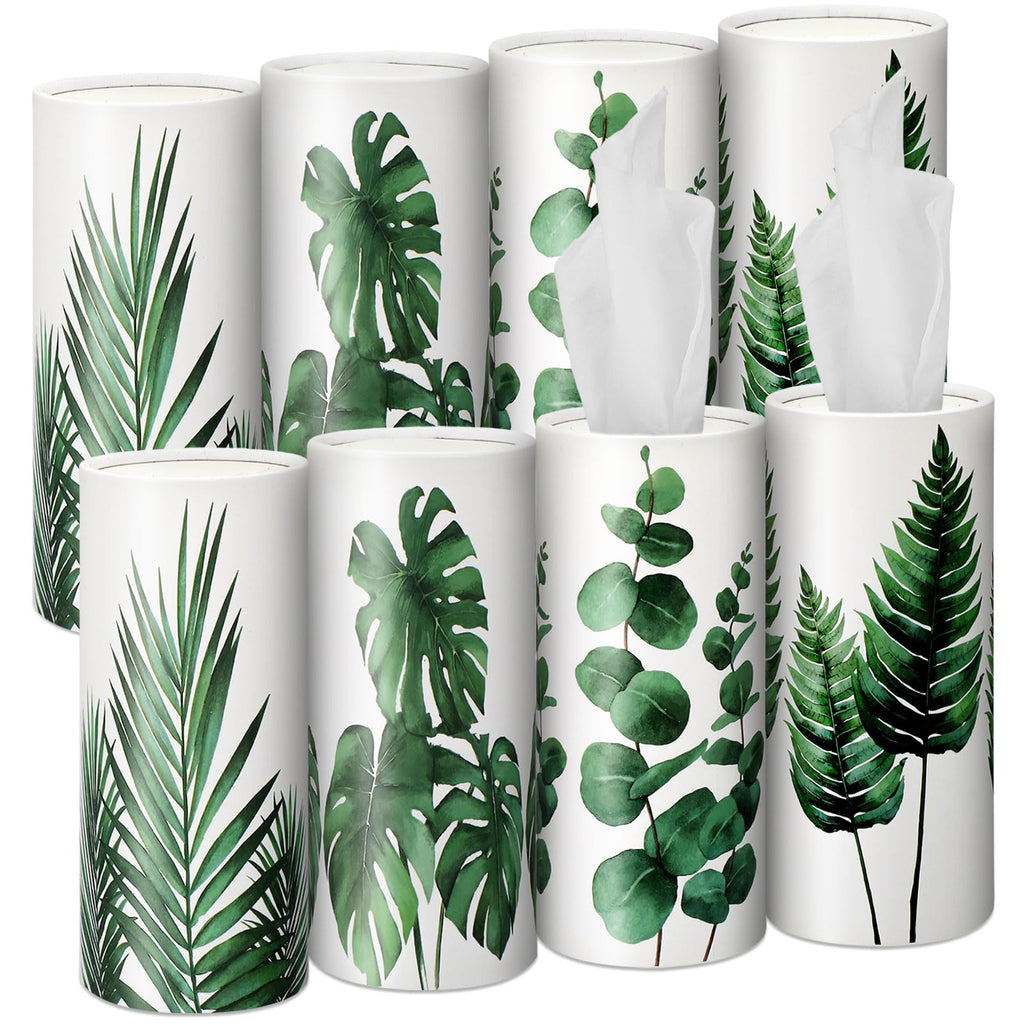 Zonon 8 Pcs Greenery Car Tissue Cylinder with 3-ply Facial Tissue Bulk Round Tissues Holder Box Spring Travel Cylinders Tubes for Car Decoration with 50 Sheets for Cup Holder Round Container