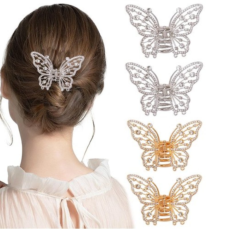 4PCS Vintage Butterfly Hair Clips for Hair, Metal Gold Rhinestone Butterfly Mini Hair Clips Sparkly Diamond Claw Clips Alloy Fancy Thick Hair Barrette Clamp for Women Girls